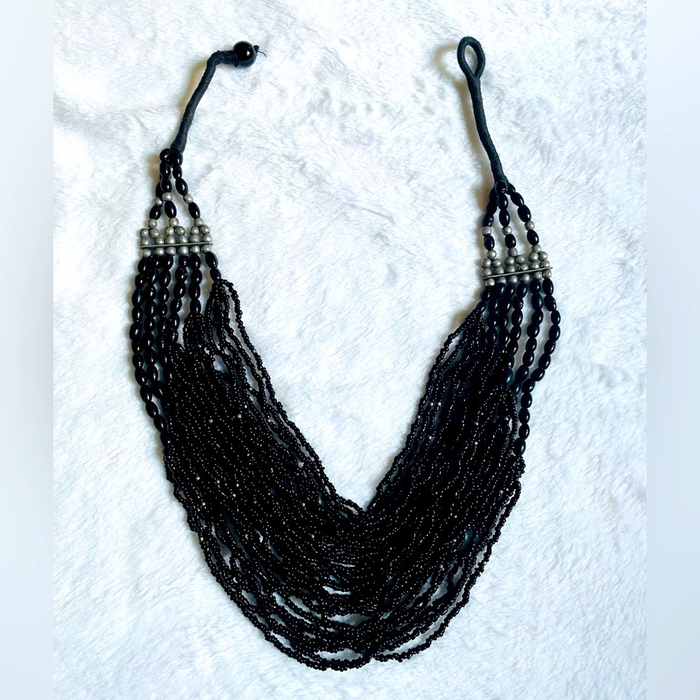 Black bead necklace, silver, layered design, boho